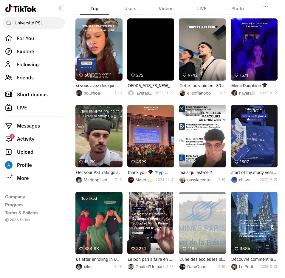 TikTok search results for the query Université PSL: a grid of posts by students about Paris Dauphine, Mines Paris and PSL graduation.